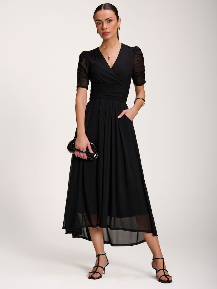black mesh ruched dress Black Mesh Contrast Ruched Bodycon Midi Dress  AX Paris