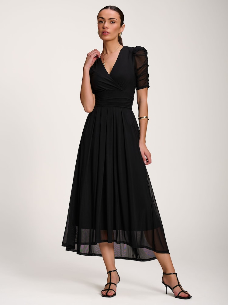 Jolie Moi Black Mesh Ruched Sleeve Maxi Dress - Image 6 of 6 Jolie Moi Black Mesh Ruched Sleeve Maxi Dress - Image 6 of 6