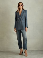 Reiss Blue Fran Tailored Wool Blend Double Breasted Twill Blazer - Image 1 of 6