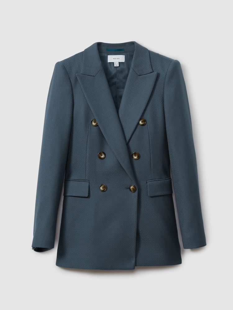 Reiss Blue Fran Tailored Wool Blend Double Breasted Twill Blazer - Image 2 of 6