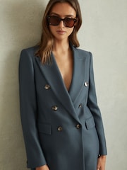 Reiss Blue Fran Tailored Wool Blend Double Breasted Twill Blazer - Image 3 of 6