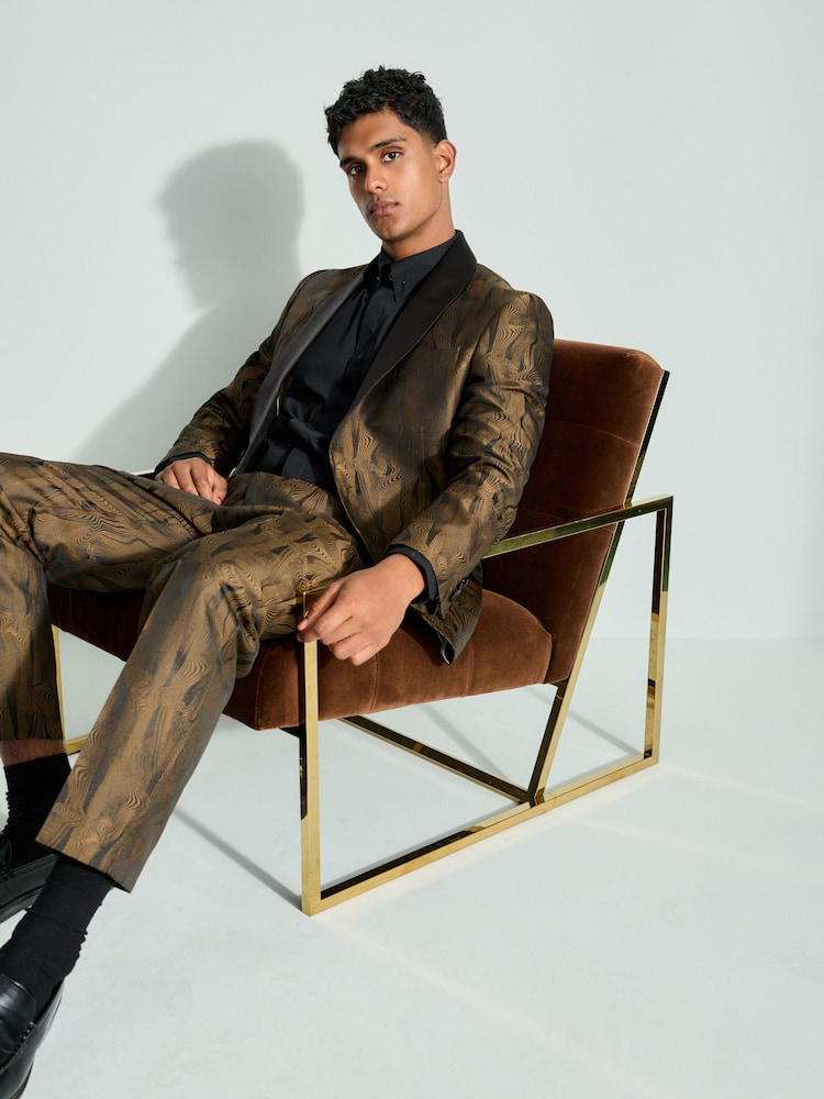 Black Slim Fit Gold Jacquard Tuxedo Suit Jacket - Image 1 of 1