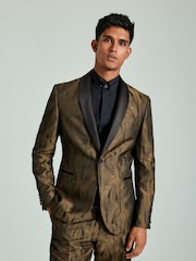 Black Slim Fit Gold Jacquard Tuxedo Suit Jacket - Image 2 of 8