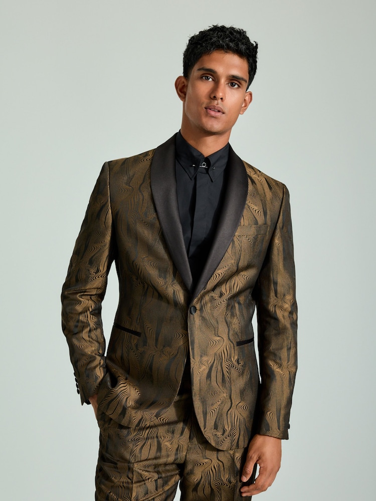 Black Slim Fit Gold Jacquard Tuxedo Suit Jacket - Image 2 of 8