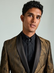 Black Slim Fit Gold Jacquard Tuxedo Suit Jacket - Image 3 of 8