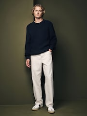 Navy Crew Neck Regular Fit Rib Texture Jumper with Wool - Image 2 of 7
