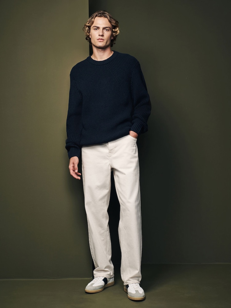 Navy Crew Neck Regular Fit Rib Texture Jumper with Wool - Image 2 of 7