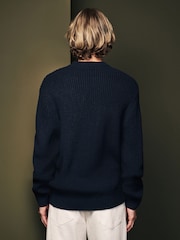 Navy Crew Neck Regular Fit Rib Texture Jumper with Wool - Image 3 of 7
