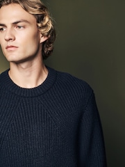 Navy Crew Neck Regular Fit Rib Texture Jumper with Wool - Image 4 of 7
