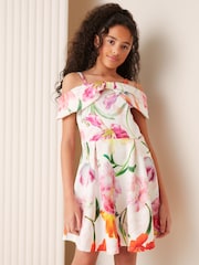 Lipsy White Floral Cold Shoulder Bow Skater Dress (5-16yrs) - Image 1 of 4