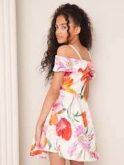 Lipsy White Floral Cold Shoulder Bow Skater Dress (5-16yrs) - Image 4 of 4