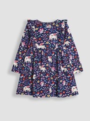JoJo Maman Bébé Navy Blue Unicorn & Fairy Frill Shoulder Dress - Image 1 of 3