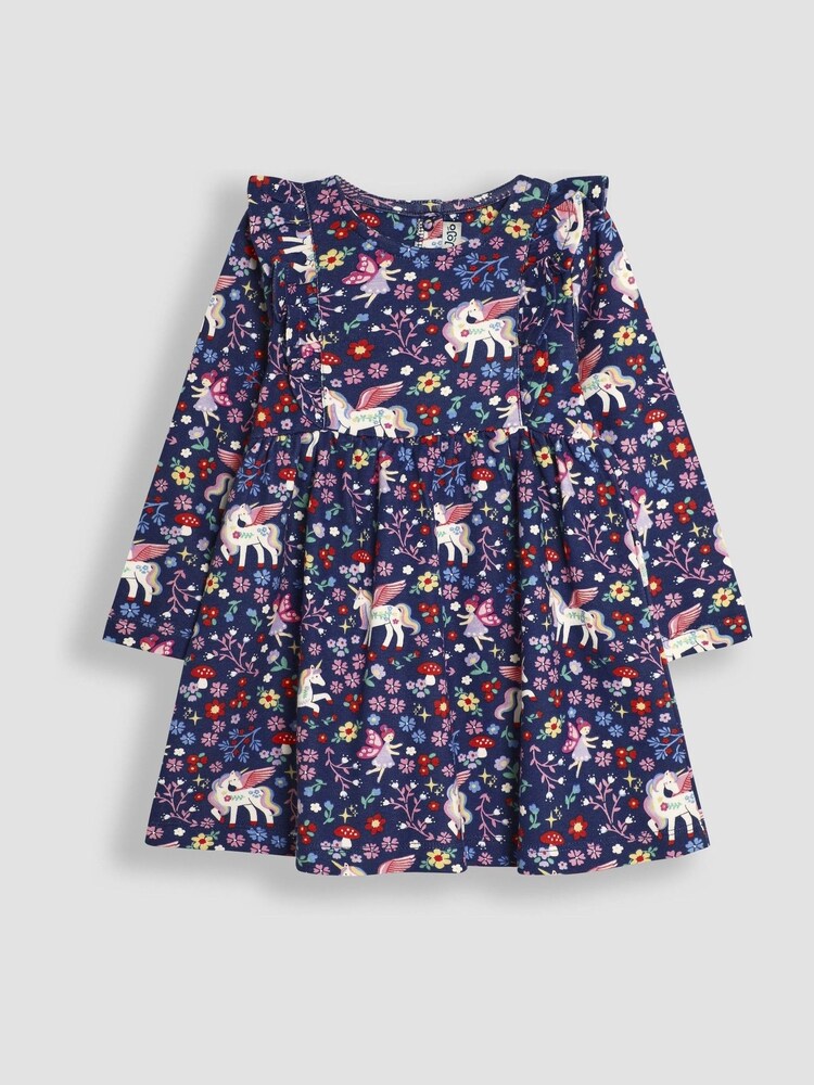 JoJo Maman Bébé Navy Blue Unicorn & Fairy Frill Shoulder Dress - Image 1 of 3