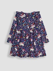 JoJo Maman Bébé Navy Blue Unicorn & Fairy Frill Shoulder Dress - Image 2 of 3