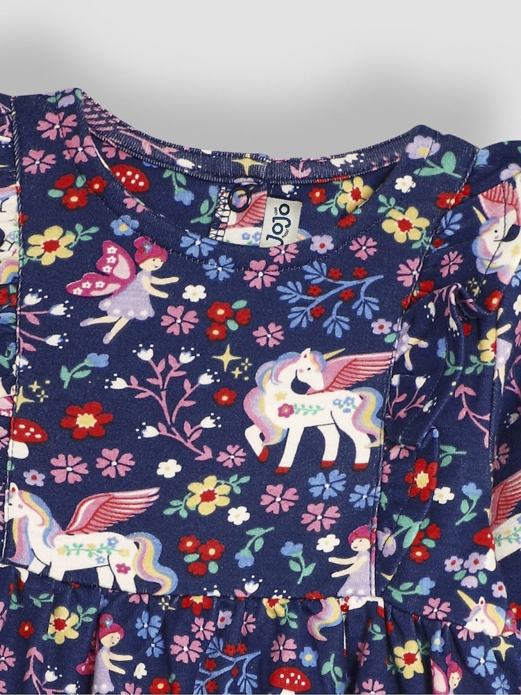 JoJo Maman Bébé Navy Blue Unicorn & Fairy Frill Shoulder Dress - Image 3 of 3