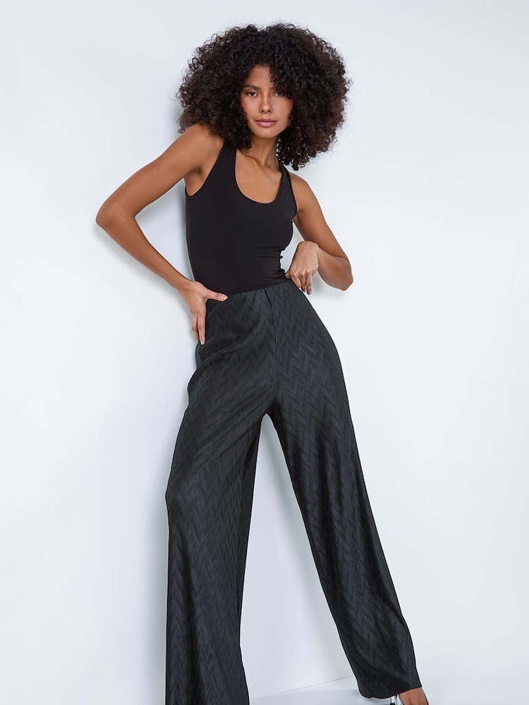Dusk Black Plisse Wave Wide Leg Stretch Trousers - Image 1 of 5