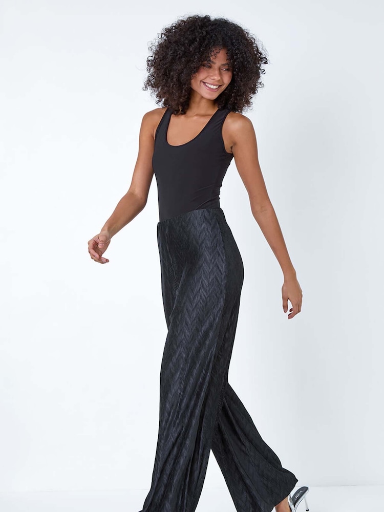 Dusk Black Plisse Wave Wide Leg Stretch Trousers - Image 2 of 5