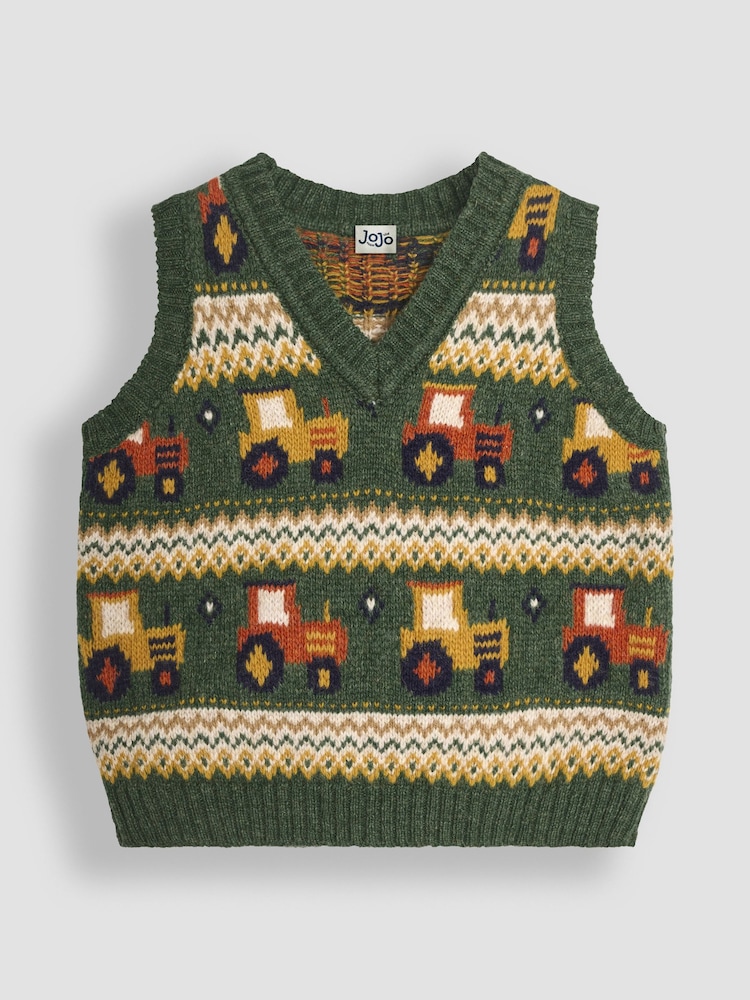 JoJo Maman Bébé Khaki Green Tractor Knit Fair Isle Tank Top - Image 1 of 3