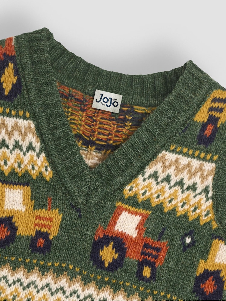 JoJo Maman Bébé Khaki Green Tractor Knit Fair Isle Tank Top - Image 3 of 3