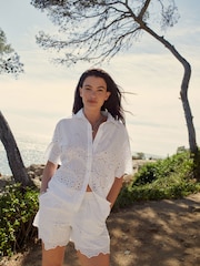White 100% Cotton Co-ord Broderie Shorts - Image 3 of 7