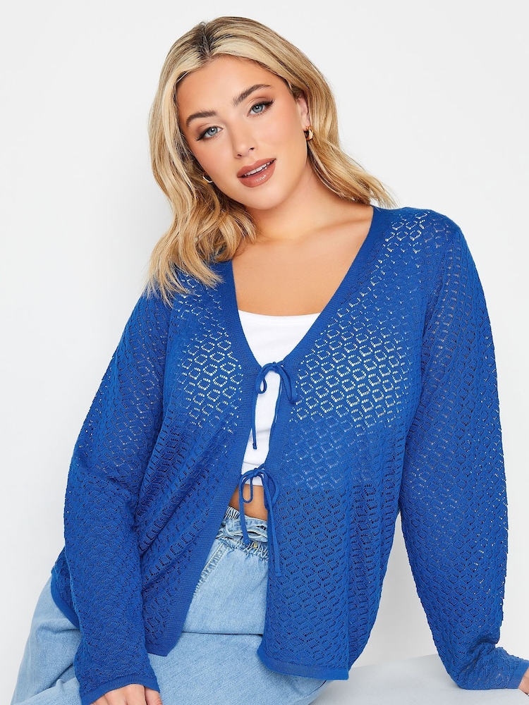Yours Curve Blue Knitted Tie Front Cardigan - Image 1 of 5
