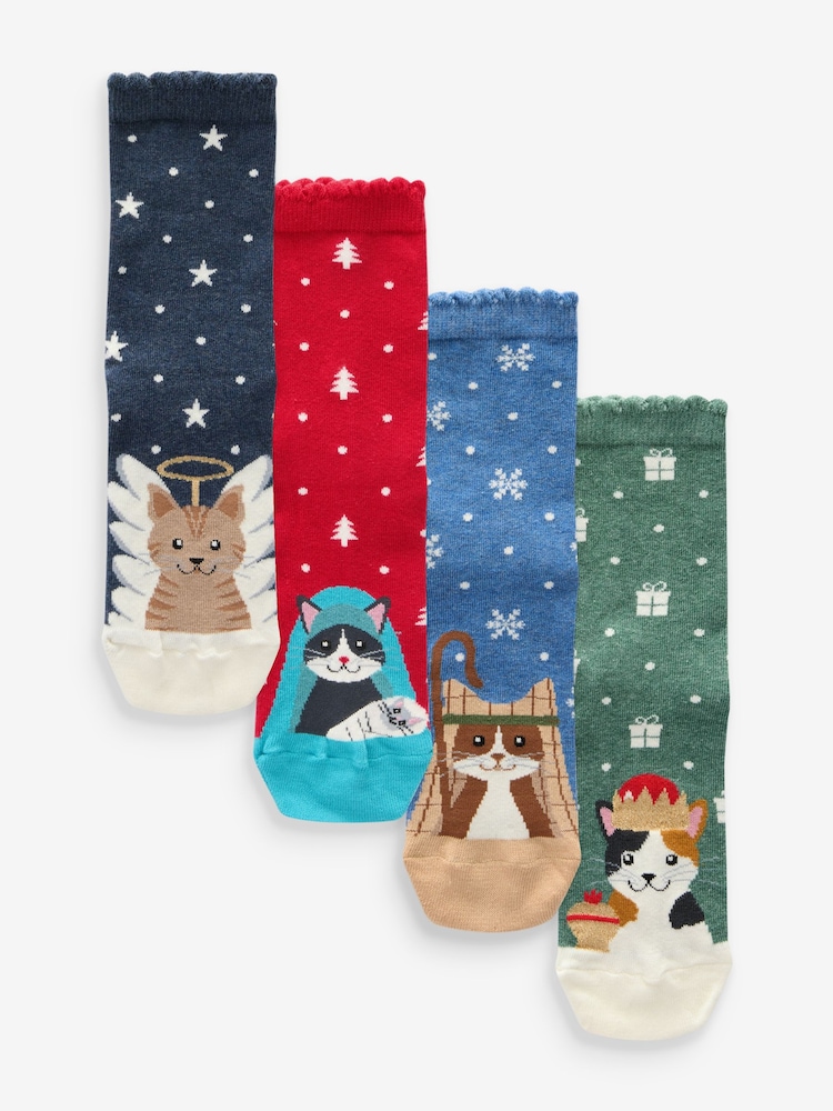 Nativity Cats Christmas Pattern Ankle Socks 4 Pack - Image 1 of 5 Nativity Cats Christmas Pattern Ankle Socks 4 Pack - Image 1 of 5