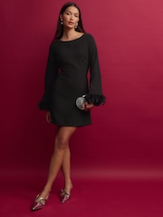 Black Long Sleeve Feather Mini Dress - Image 2 of 7