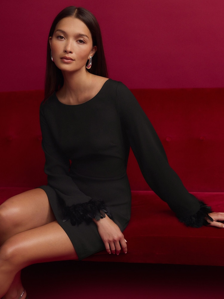 Black Long Sleeve Feather Mini Dress - Image 3 of 7