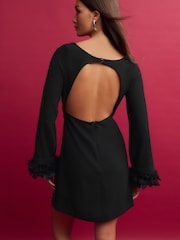Black Long Sleeve Feather Mini Dress - Image 4 of 7