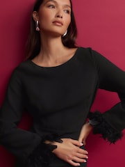 Black Long Sleeve Feather Mini Dress - Image 5 of 7