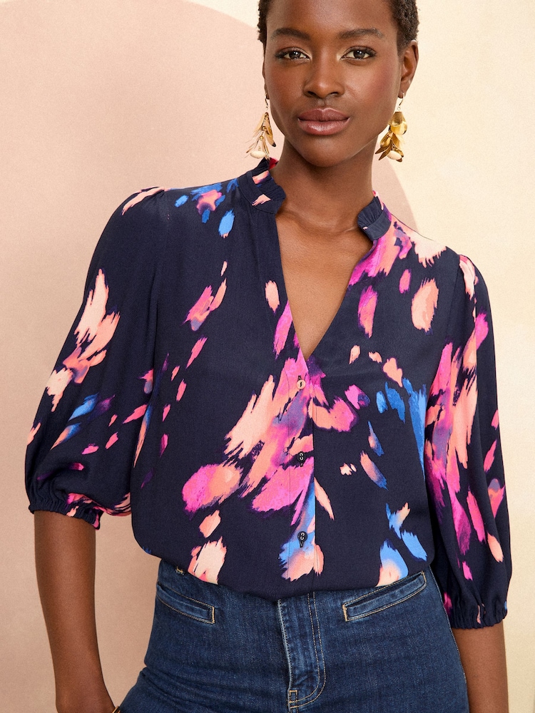 Love & Roses Navy Blue Ruffle V Neck 3/4 Sleeve Button Through Blouse - Image 1 of 4