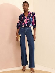 Love & Roses Navy Blue Ruffle V Neck 3/4 Sleeve Button Through Blouse - Image 4 of 4