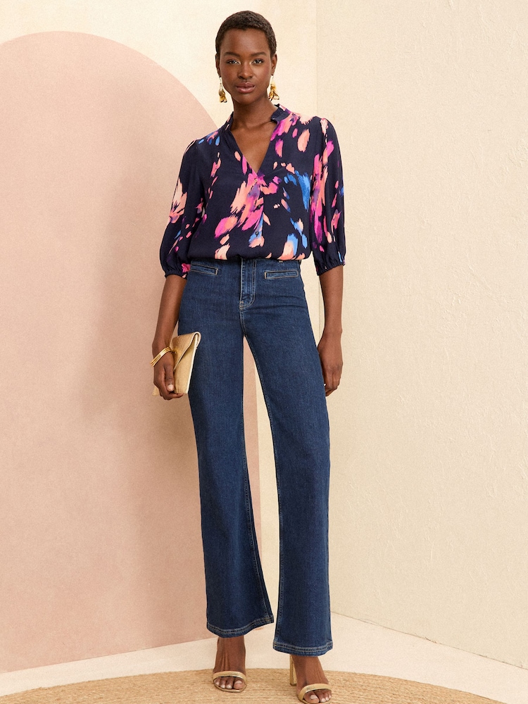 Love & Roses Navy Blue Ruffle V Neck 3/4 Sleeve Button Through Blouse - Image 4 of 4