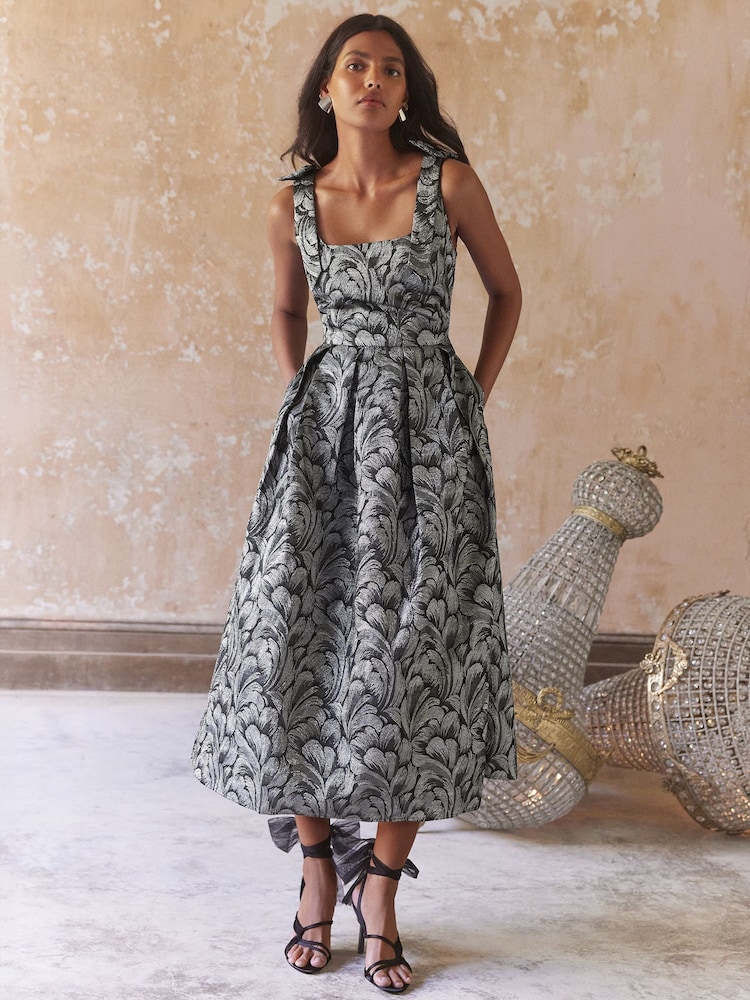 Love & Roses Silver Feather Jacquard Structured Midi Dress - Image 1 of 4