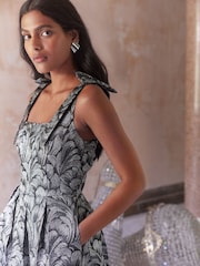 Love & Roses Silver Feather Jacquard Structured Midi Dress - Image 2 of 4