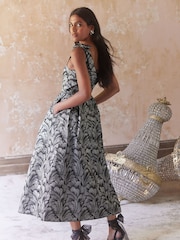 Love & Roses Silver Feather Jacquard Structured Midi Dress - Image 3 of 4