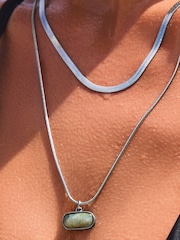 Silver Tone Stainless Steel 2 Row Necklace With Semi Precious Stone Detail - Image 4 of 8