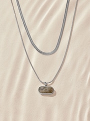 Silver Tone Stainless Steel 2 Row Necklace With Semi Precious Stone Detail - Image 6 of 8