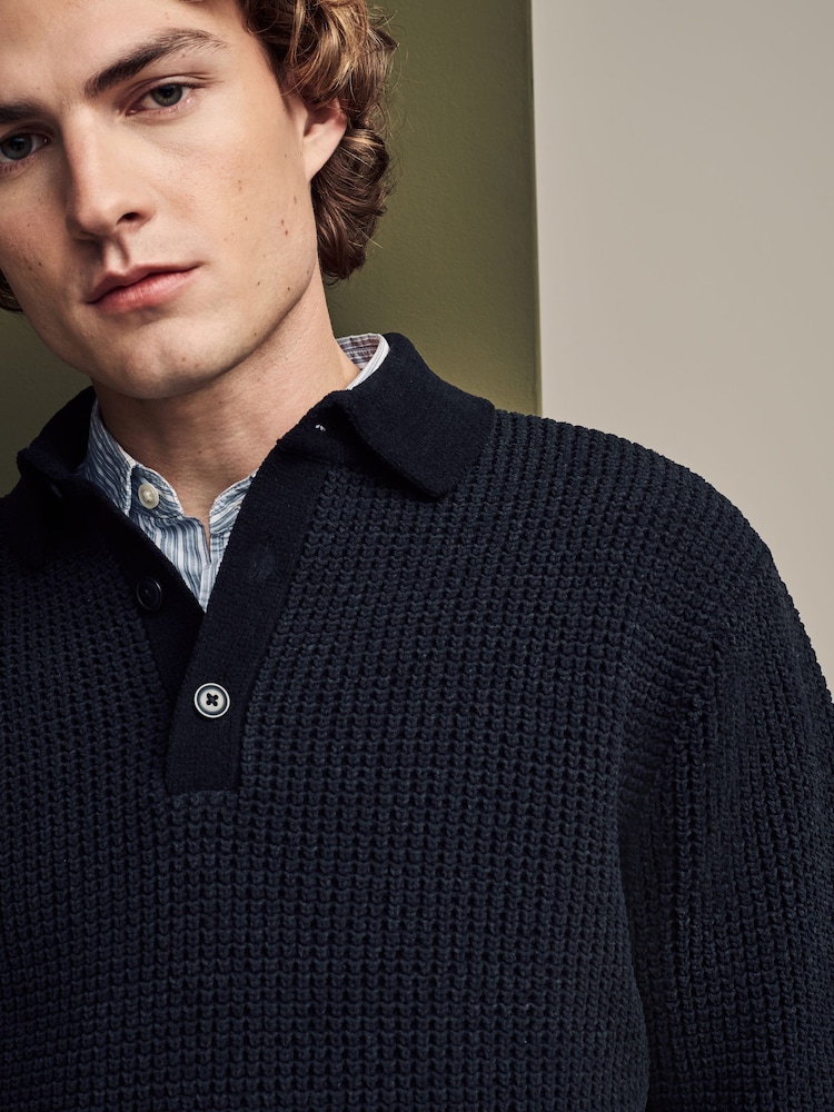 Black Relaxed Fit Chenille Texture Polo Shirt - Image 1 of 7