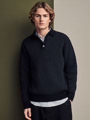 Black Relaxed Fit Chenille Texture Polo Shirt - Image 3 of 7