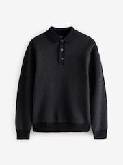 Black Relaxed Fit Chenille Texture Polo Shirt - Image 5 of 7