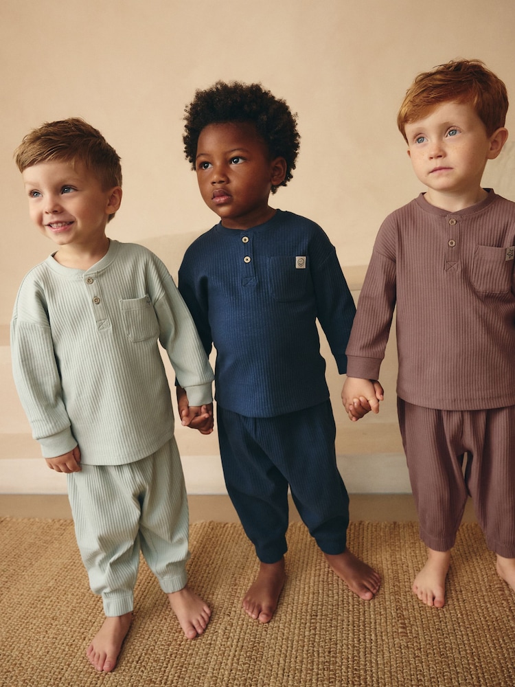 Navy/Camel Plain 3 Pack Relaxed Fit Pyjamas (9mths-12yrs) - Image 1 of 12
