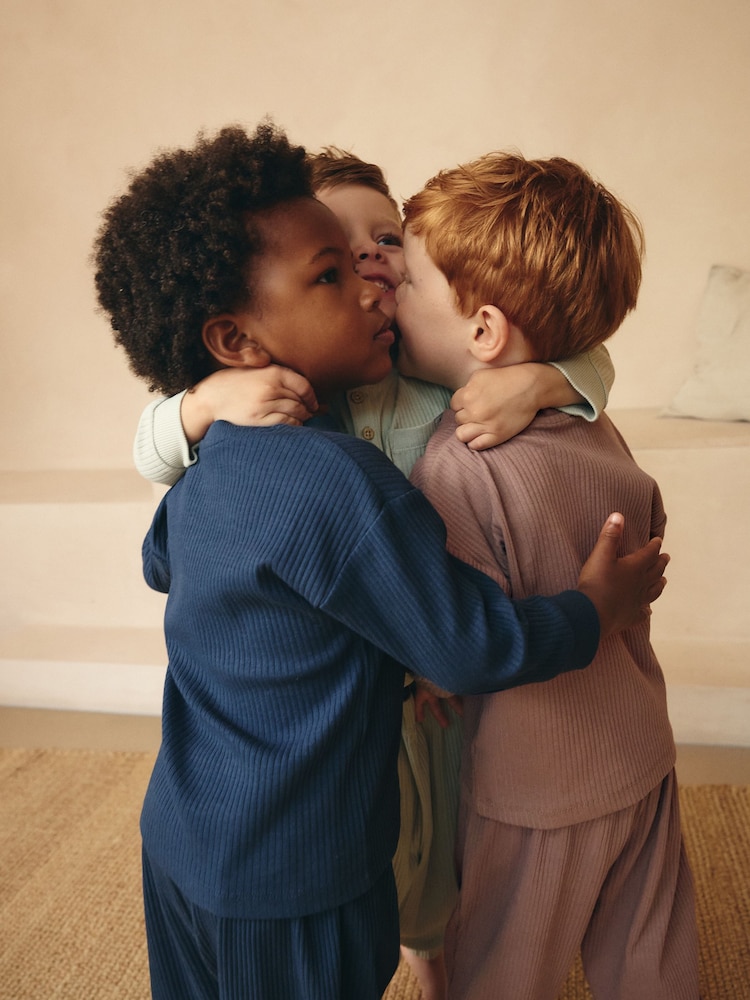 Navy/Camel Plain 3 Pack Relaxed Fit Pyjamas (9mths-12yrs) - Image 2 of 12