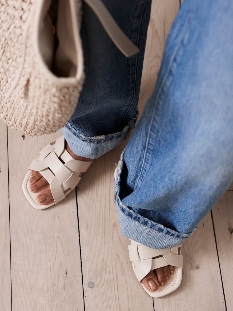 Mint Velvet Cream Leather Woven Flat Sandals - Image 1 of 6