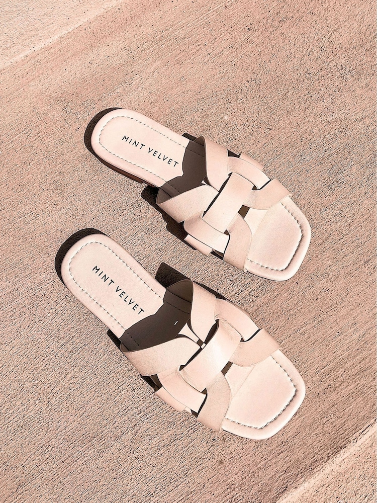 Mint Velvet Cream Leather Woven Flat Sandals - Image 2 of 6