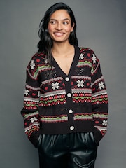 črna - božič vzorčast; z vzorcem Button Up Knitted pletena jopa - Slika 1 iz 6
