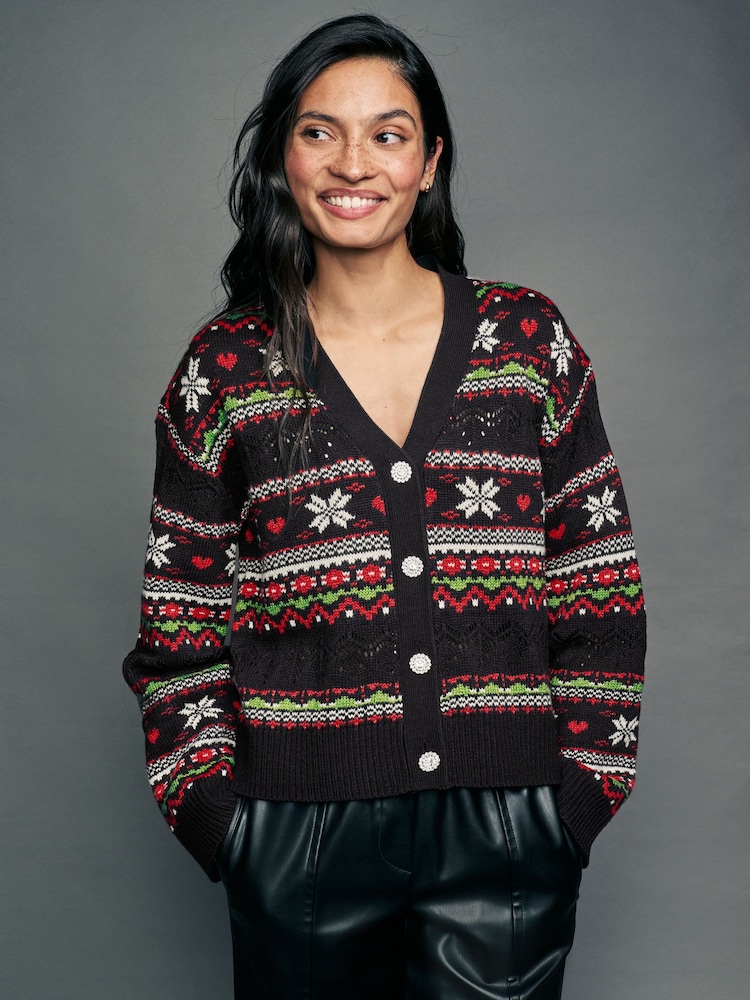 črna - božič vzorčast; z vzorcem Button Up Knitted pletena jopa - Slika 1 iz 6
