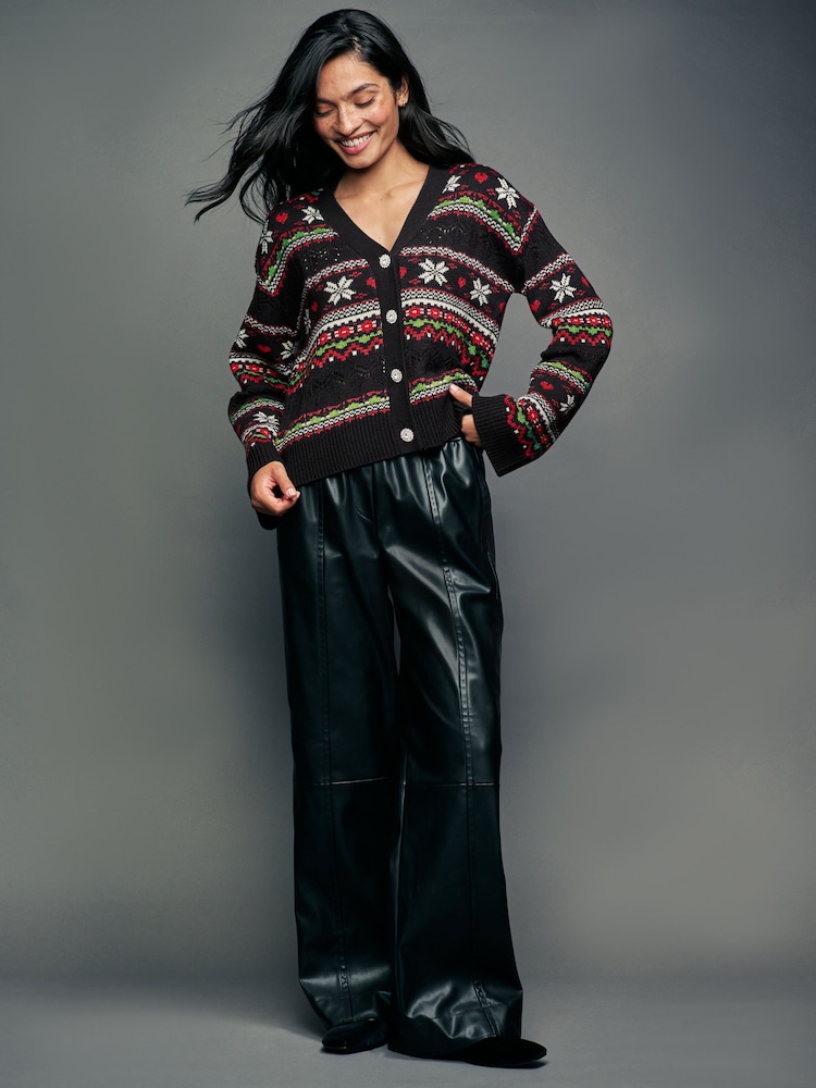 črna - božič vzorčast; z vzorcem Button Up Knitted pletena jopa - Slika 2 iz 6