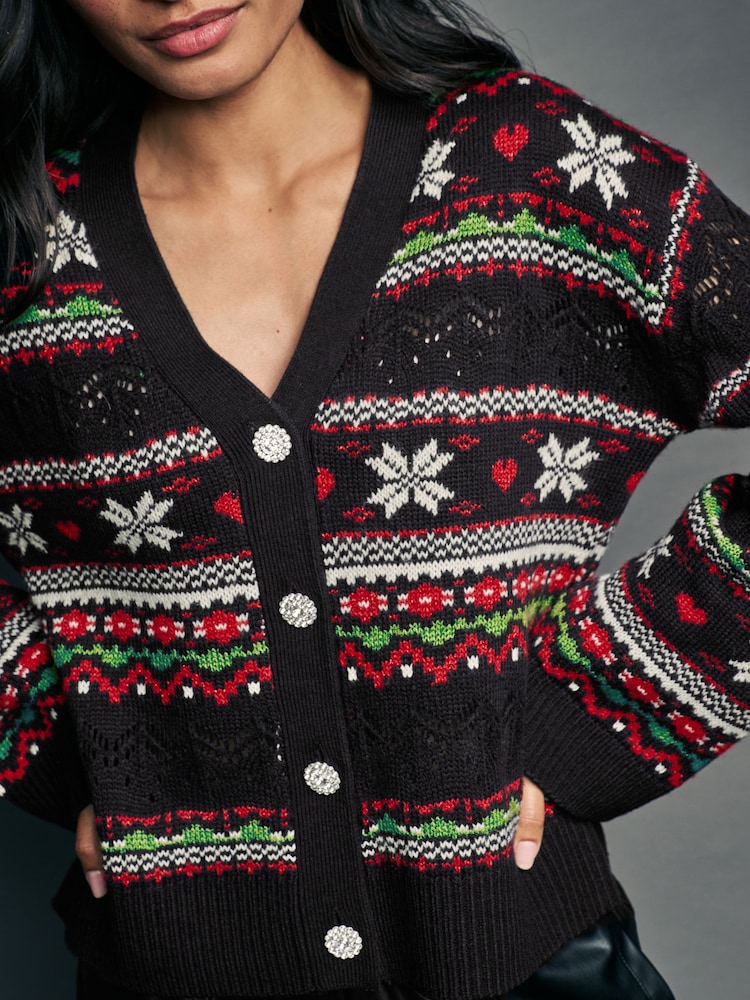 Sort - Jul Mønstret Button Up strikket Cardigan - Image 4 of 6