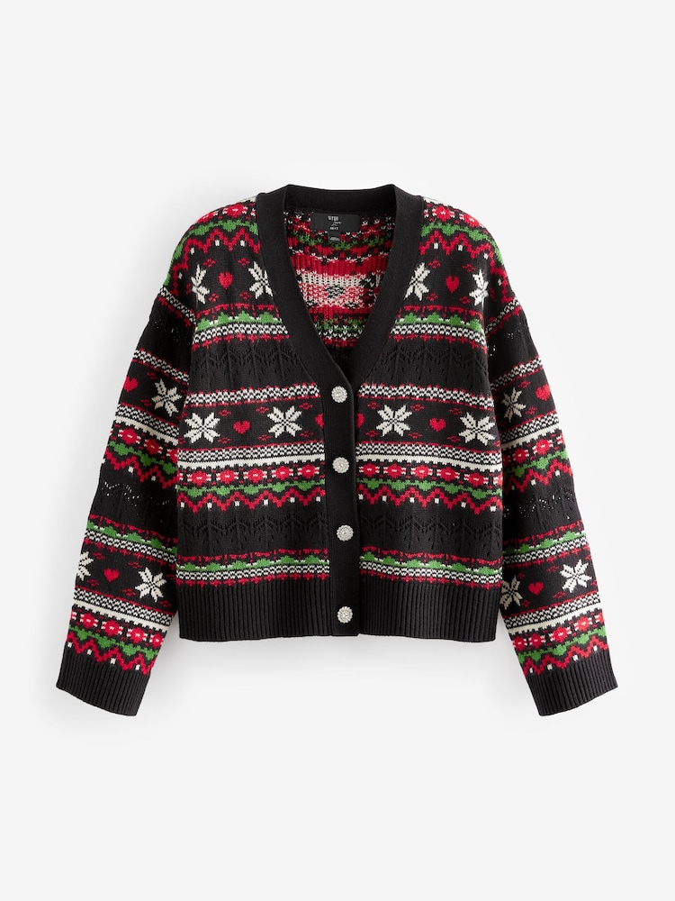Sort - Jul Mønstret Button Up strikket Cardigan - Image 5 of 6